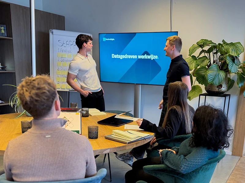 Presentatie over online marketing-diensten en datagedreven werkwijze in vergaderruimte.