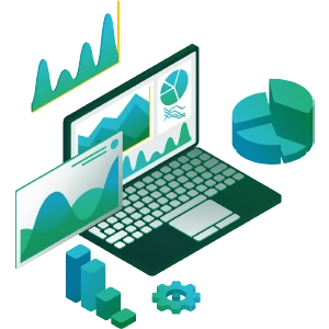 Illustratie van laptop met dashboards, grafieken en data-analyse.