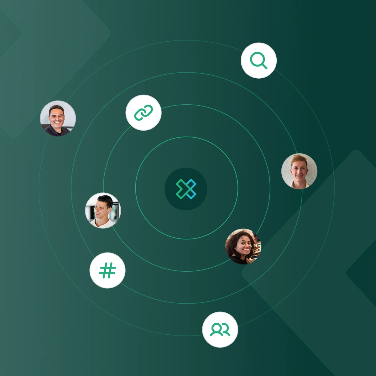 Ons team rond centraal logo met iconen voor zoeken, links, hashtags en connecties.