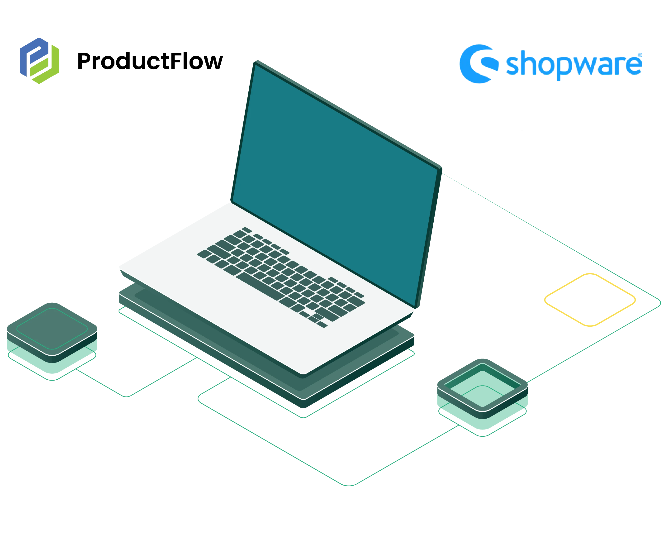 Productflow shopware integratie op laptopillustratie.